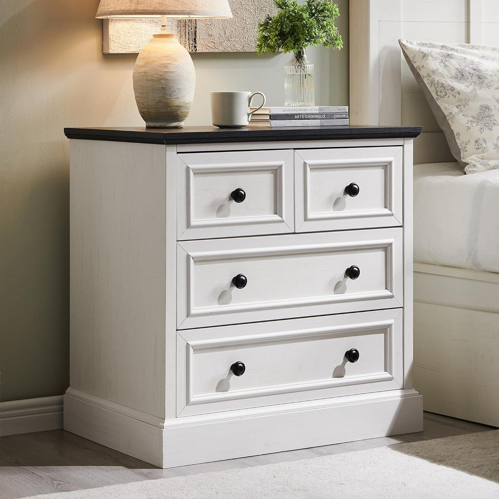 ACCOHOHO 26" W Nightstands Set of 2, Farmhouse End Table with 4 Drawers for Storage, Nightstand with Charging Station for Bedroom, Off White