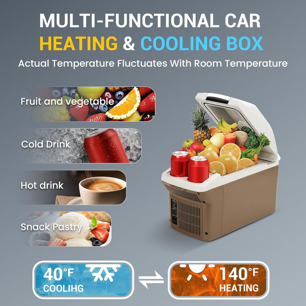 ICEROVER 12V Portable Car Refrigerator Cooler/Warmer 8 Quart (9L) Car Fridge 40~140℉,12 V110V-220V, Electric Compact Camping Cooler Thermoelectric 12V Small Fridge for RV,Camping (Brown)