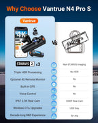 Vantrue N4 Pro S 4K 3 Channel Dash Cam w/Triple STARVIS 2  4K+1080P+2.5K Front Inside Rear Dash Camera  4+2.5K Dual Channel  HDR IR Night Vision  Voice Control  Parking Mode  GPS  Wi-Fi  Support 1TB