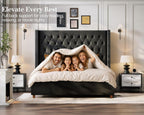 Jocisland King Size Bed Frame with 61.4" Tall Headboard, Velvet Upholstered Wingback Platform Design, Handcrafted Pleats& Deep Button Tufted, Solid Wood Legs, No Box Spring Needed, Black