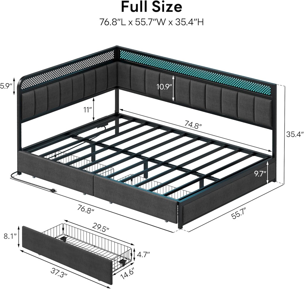 LIKIMIO Full Corner Bed Frame with Storage Drawers and Charging Station, Modern Full Daybed with LED Lights and Upholstered Guardrail, Gray