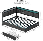 LIKIMIO Full Corner Bed Frame with Storage Drawers and Charging Station, Modern Full Daybed with LED Lights and Upholstered Guardrail, Gray