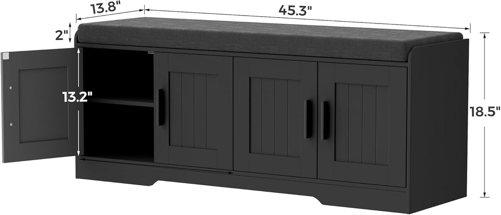 Homleke 2-Tier Storage Bench, Shoe Bench with Thickened Padded Seat Cushion, Entryway Bench with 4 Doors, Adjustable Shelf, 13.8" D x 45.3" W x 18.5" H, for Entryway, Living Room, Bedroom, Black