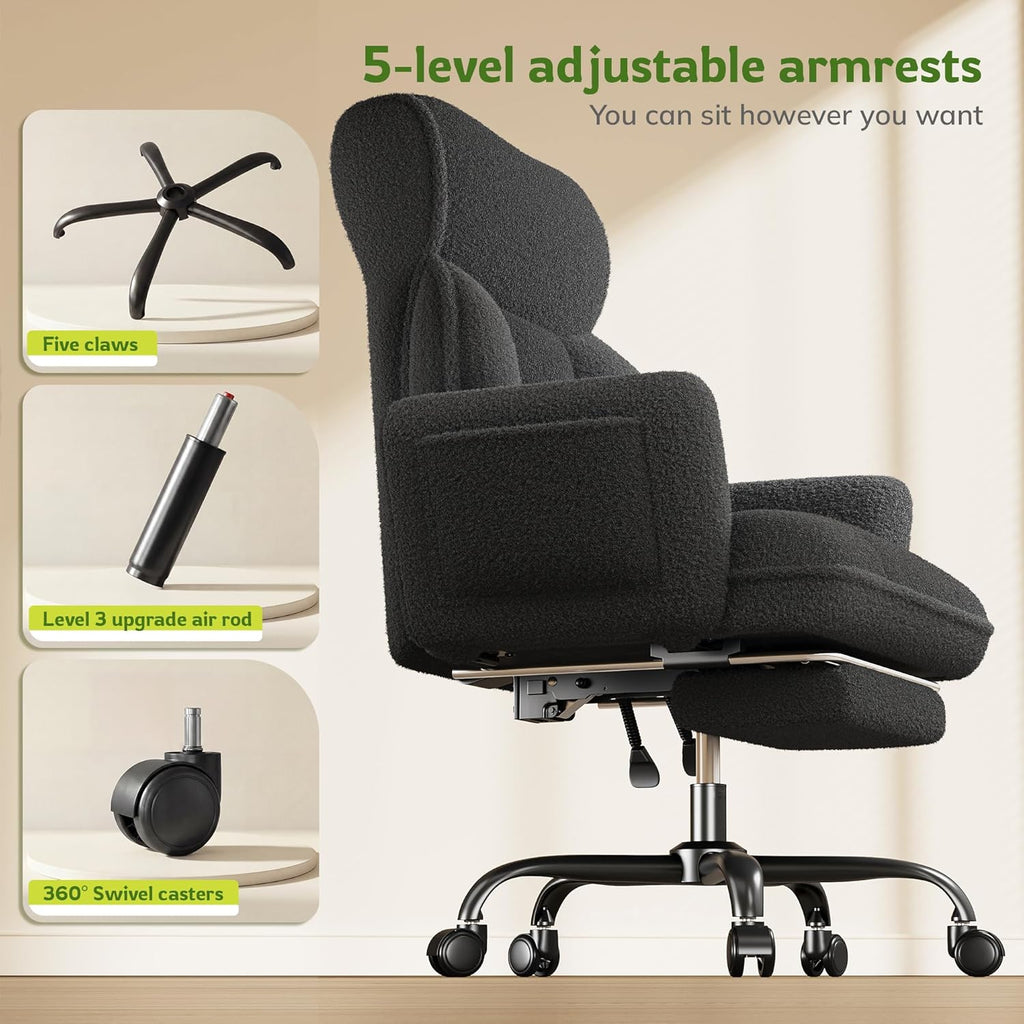 Big and Tall Office Chair with Adjustable Arms and Back, Ergonomic Office Chair with Footrest and Comfortable Fabric for Home Office, Bedroom  .Black