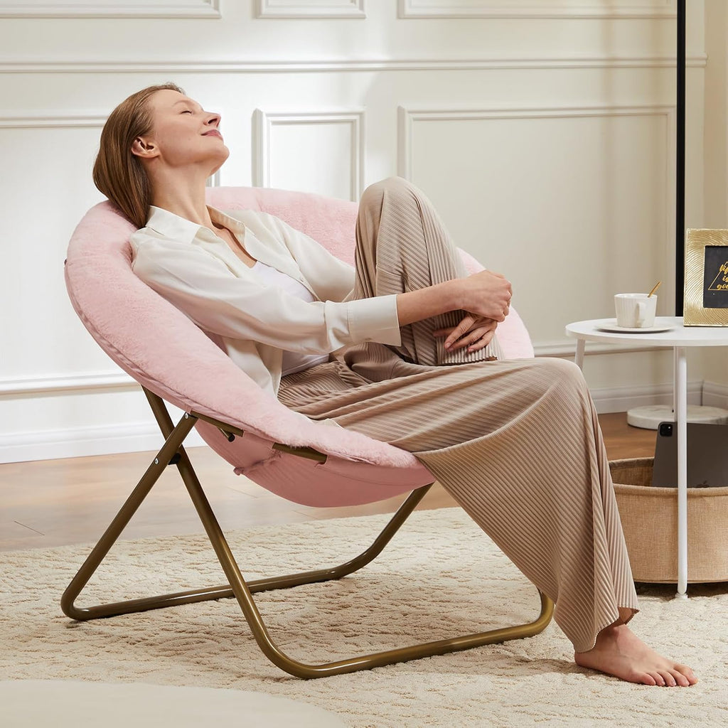 DUMOS Comfy Saucer Chair,Faux Fur Lounge Seasting XL Circle Chair for Bedroom, Dorm & Gaming, Foldable Fashion Accent Seat for Small Spaces, Folding Moon/Mushroom/Round Oversized Style,Hot Pink