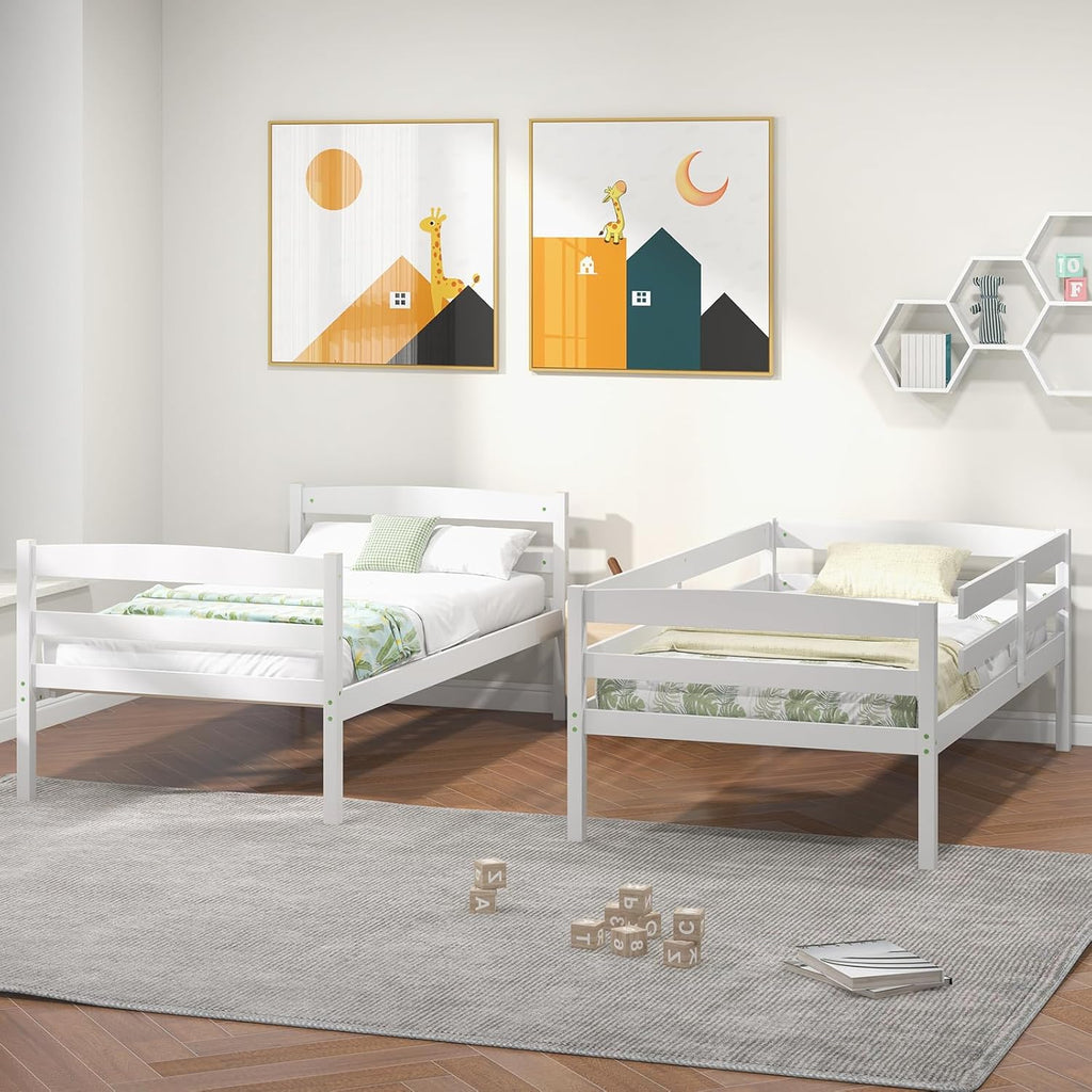 KOMFOTT Bunk Bed Twin Over Twin, Bunk Bed Frame w/Full-Length Guardrail & Integrated Ladder, Wood Bunk Bed for Small Space, Converts to 2 Individual Beds for Kids & Adults, No Box Spring Needed