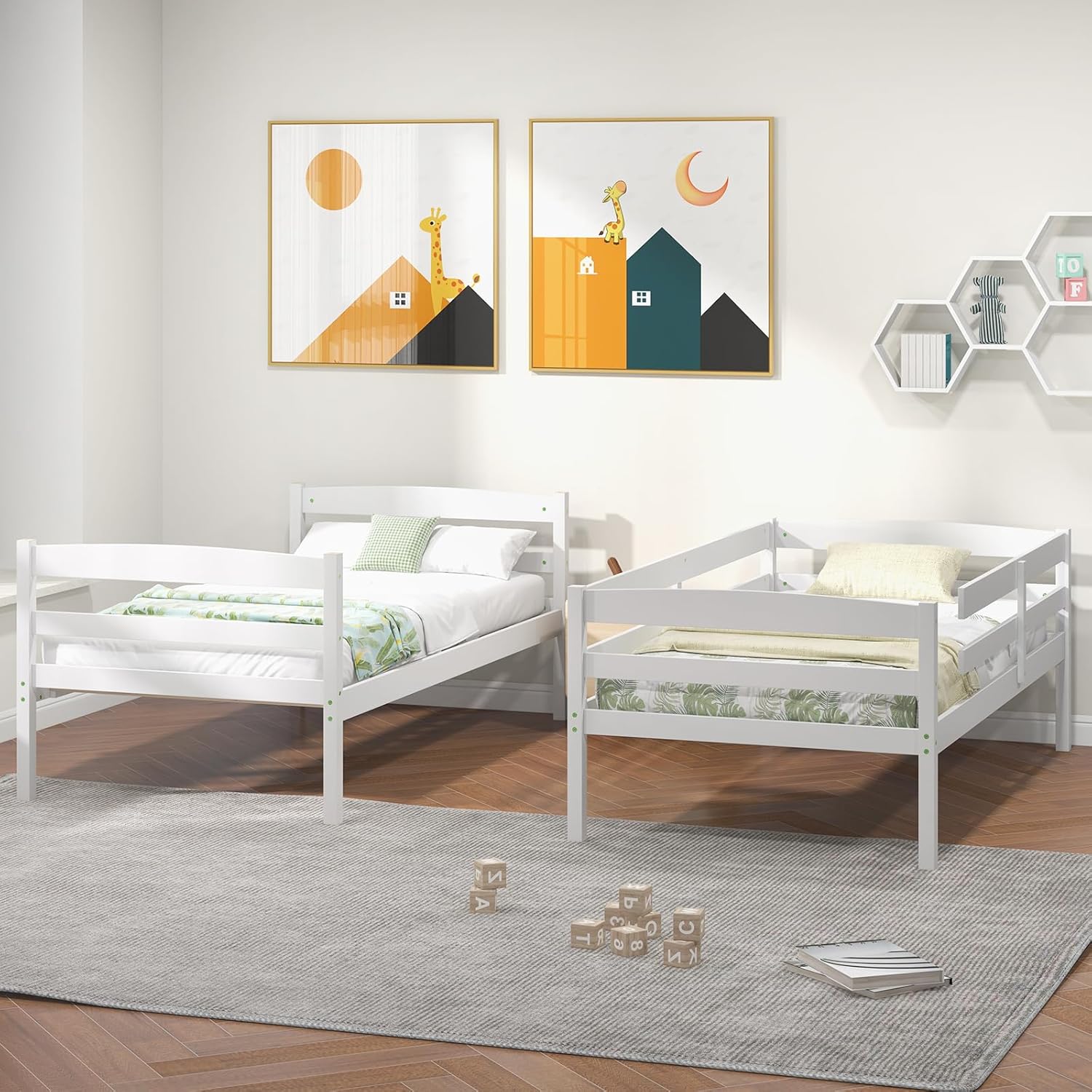 KOMFOTT Bunk Bed Twin Over Twin, Bunk Bed Frame w/Full-Length Guardrail & Integrated Ladder, Wood Bunk Bed for Small Space, Converts to 2 Individual Beds for Kids & Adults, No Box Spring Needed