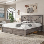 AMERLIFE King Size Farmhouse Bed Frame with 49.2" Barn Door Headboard, Platform Bed Frame with Wood Slats, Under Bed Storage Space, Easy Assembly, Noisy Free, Rustic Gray