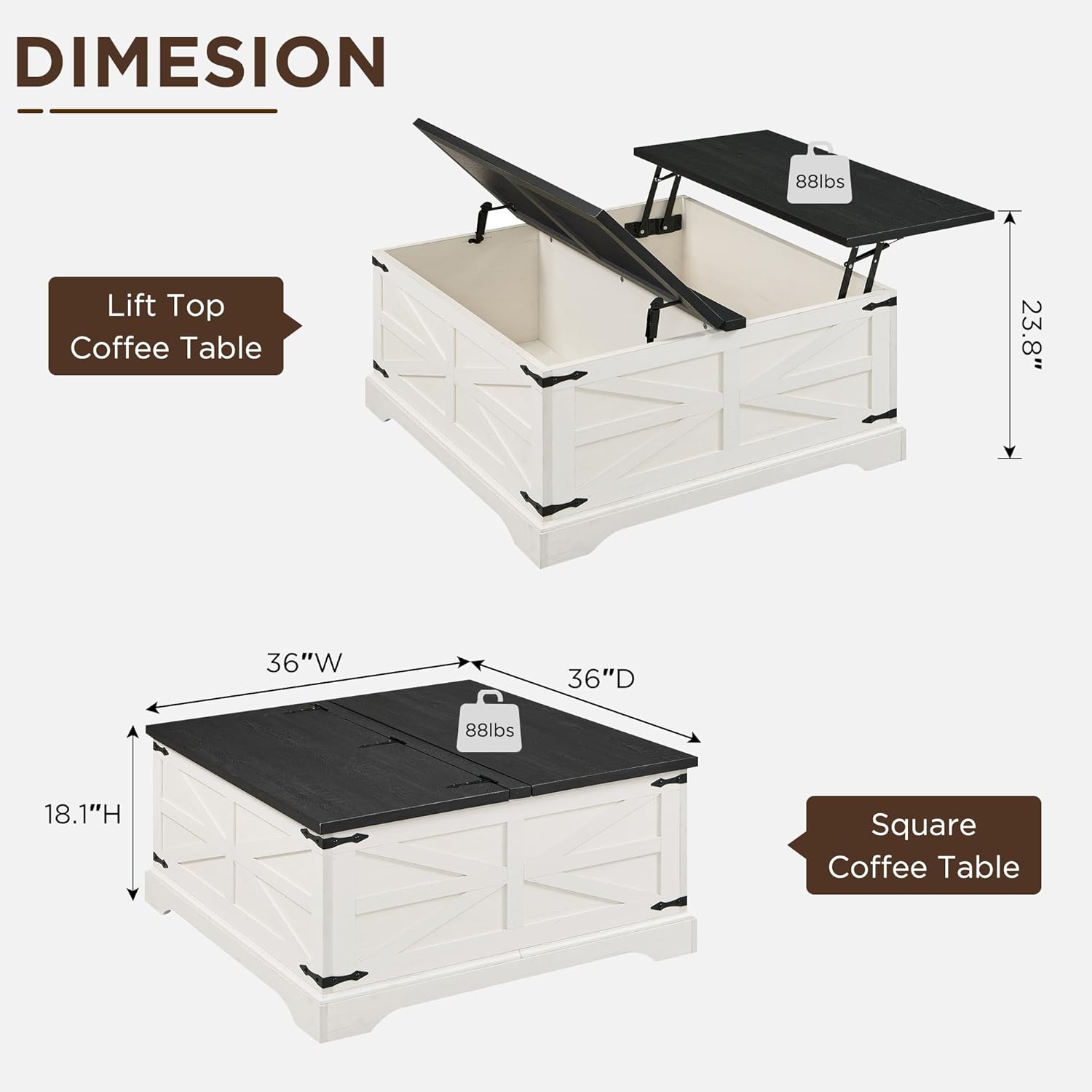 JXQTLINGMU 3-Piece Farmhouse Coffee Table and End Table Sets, Includeds 36" Lift Top Square Coffee Table w/Storage & 2 Rustic Wood End Tables w/Charging Station & Barn Doors for Living Room(White)