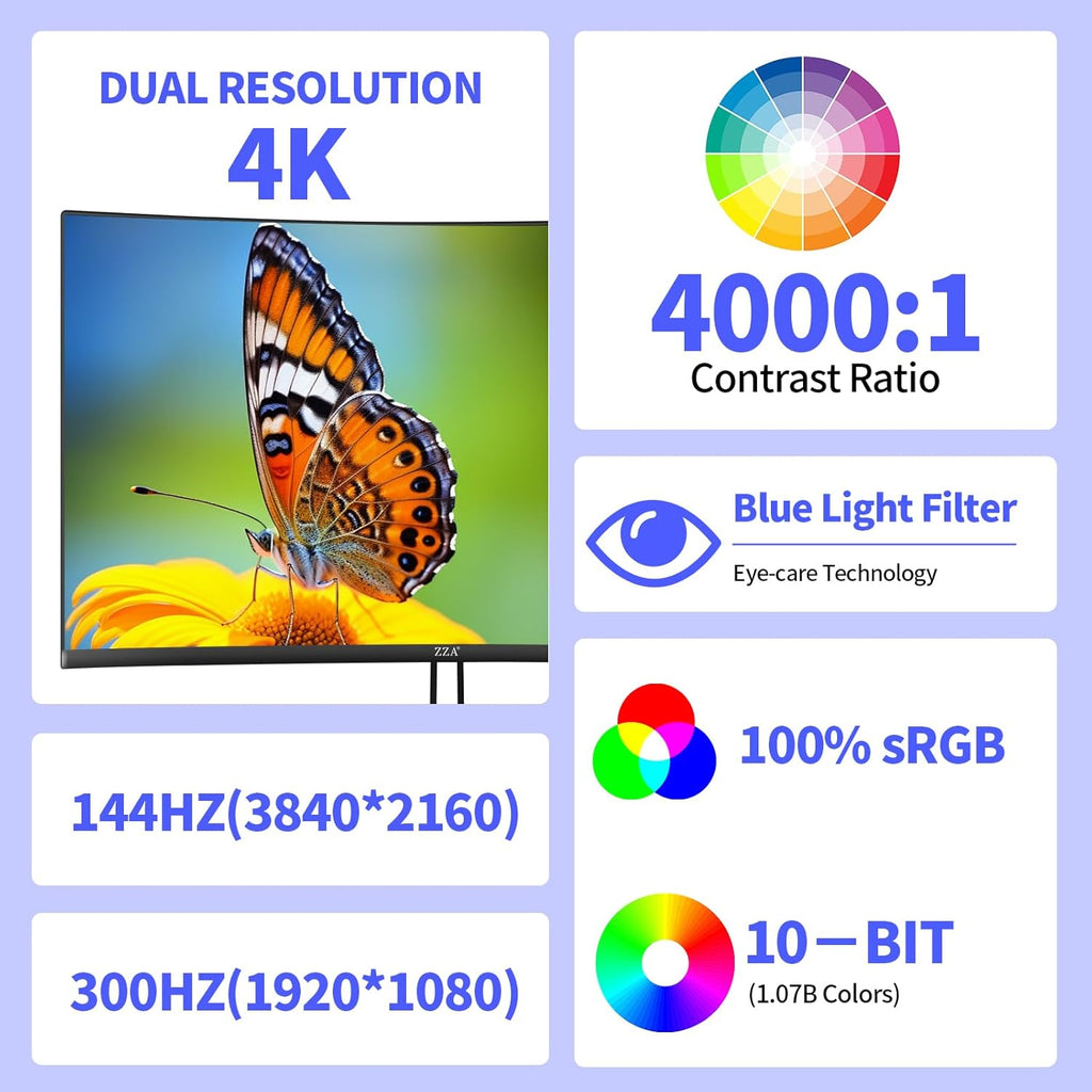 ZZA 27 Inch 4K Gaming Monitor Dual Mode UHD(3840x2160) 144Hz & FHD（1920 * 1080） 300Hz  Adaptive Sync HDMI 2.1 & DP 1.4  Tilt Adjustment PC Monitor  VESA  Black