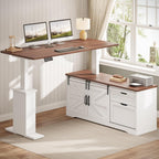 SEDETA Farmhouse L Shaped Standing Desk, 55 inch Height Adjustable Corner Desk with Storage Drawers, Standing Computer Desks with Power Outlets for Home Office, White