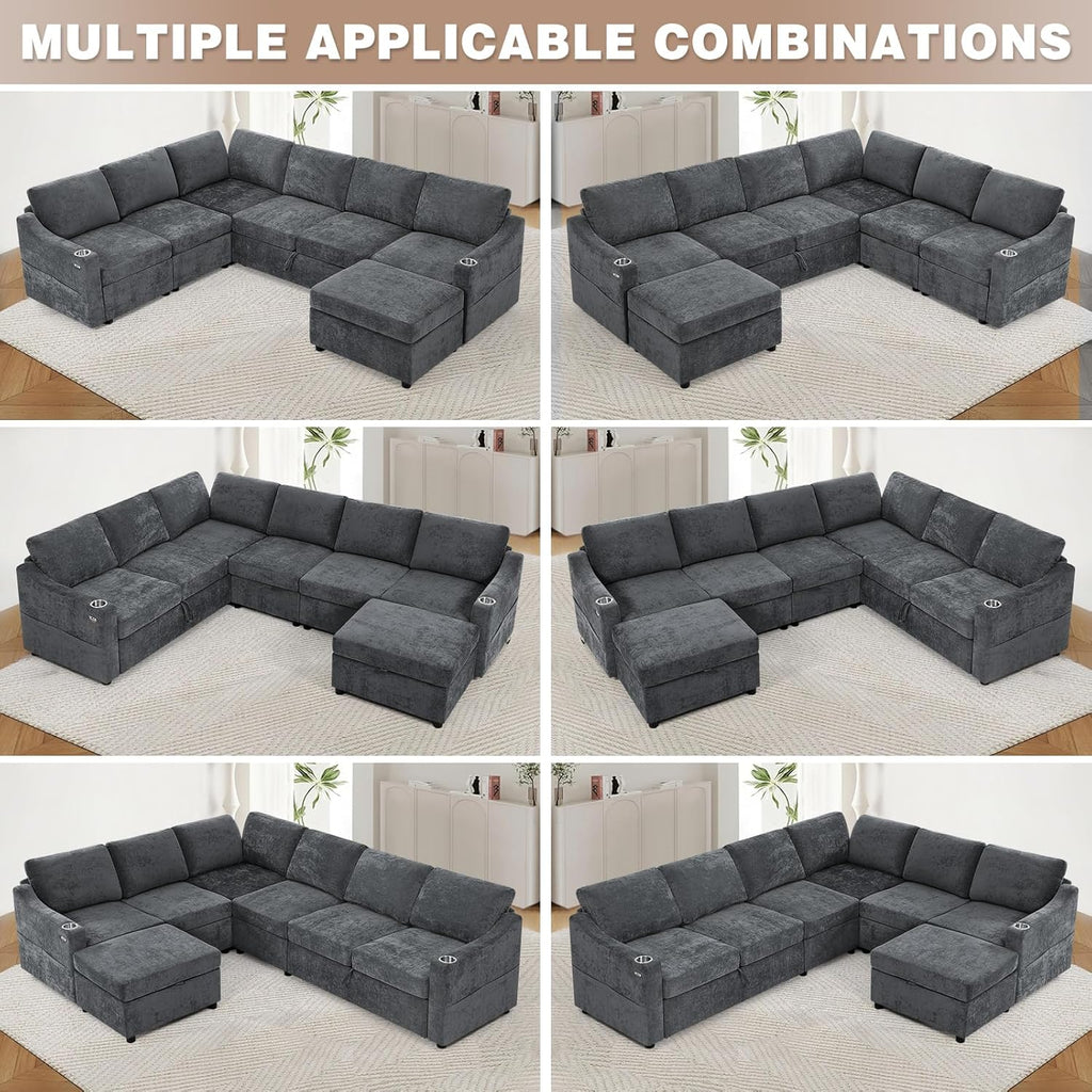 116" Chenille Modular Sofa Bed w/Adjustable Backrests, U-Shape Sleeper Sofa w/USB Ports & Storage Space, Convertible Corner Sectional Couch w/Pull Out Bed for House, Living Room, Grey