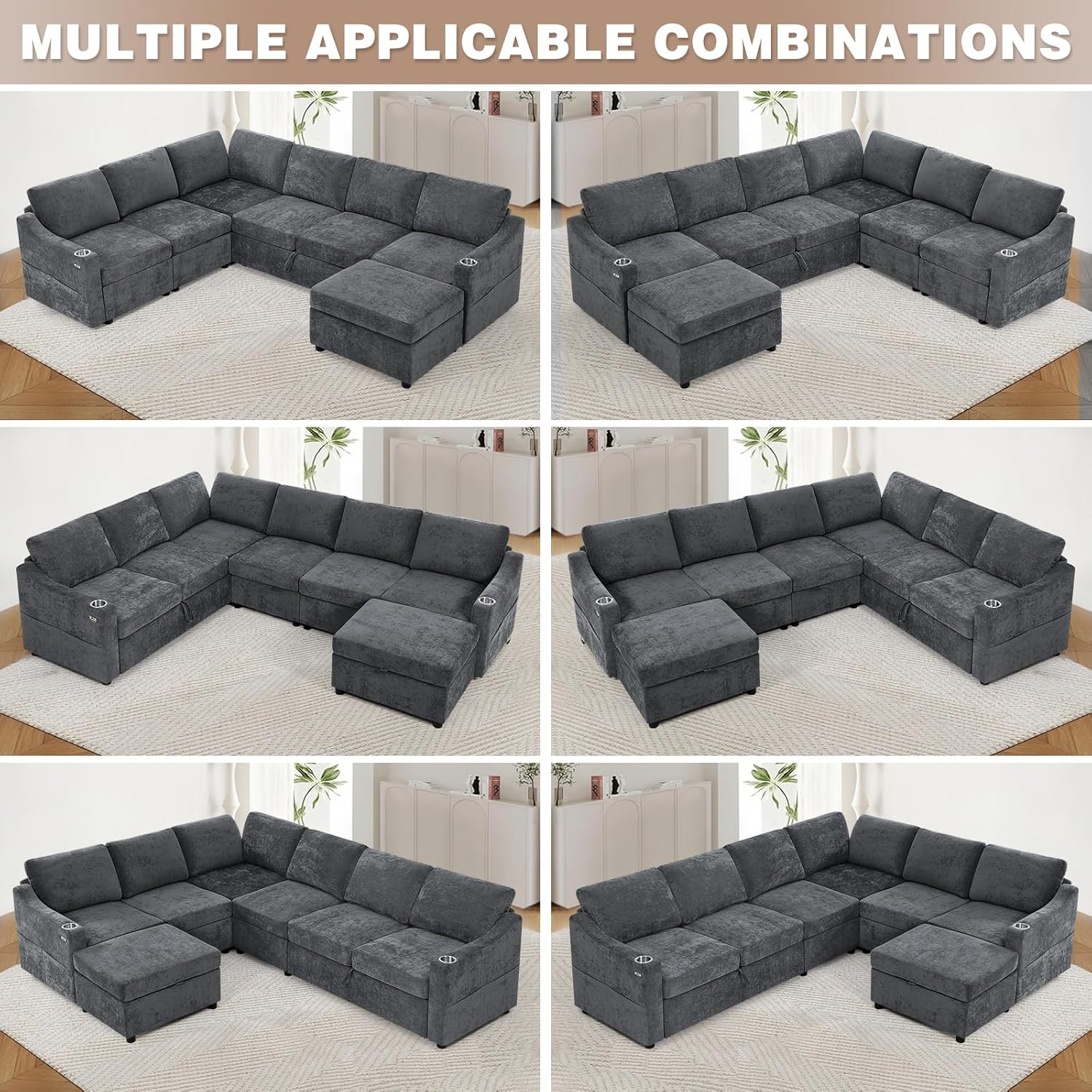 116" Chenille Modular Sofa Bed w/Adjustable Backrests, U-Shape Sleeper Sofa w/USB Ports & Storage Space, Convertible Corner Sectional Couch w/Pull Out Bed for House, Living Room, Grey
