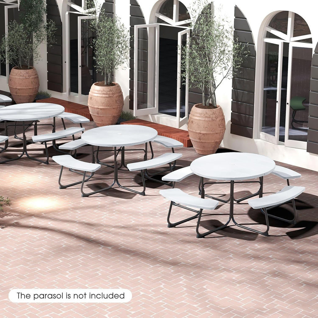 Giantex Picnic Table Set for Up to 8 Persons  Round Outdoor Table and Bench Set with Umbrella Hole  HDPE Top & Metal Frame  2000LBS Capacity  Patio Table Bench for Deck Backyard Garden (White)