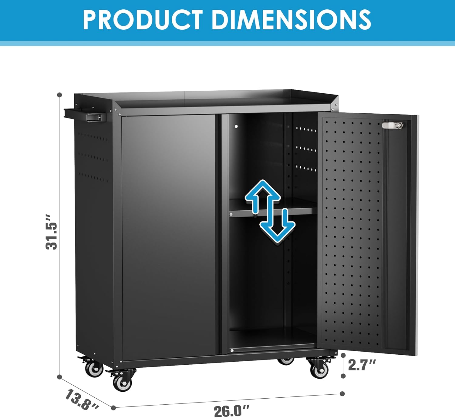 Metal Storage Cabinet on Wheels,Lockable Garage Storage Cabinet with Wheels Pegboard Pushing Hand for Office Home Warehouse, Assembly Required, Black,13.8 "D x 26" W x 31.5" H