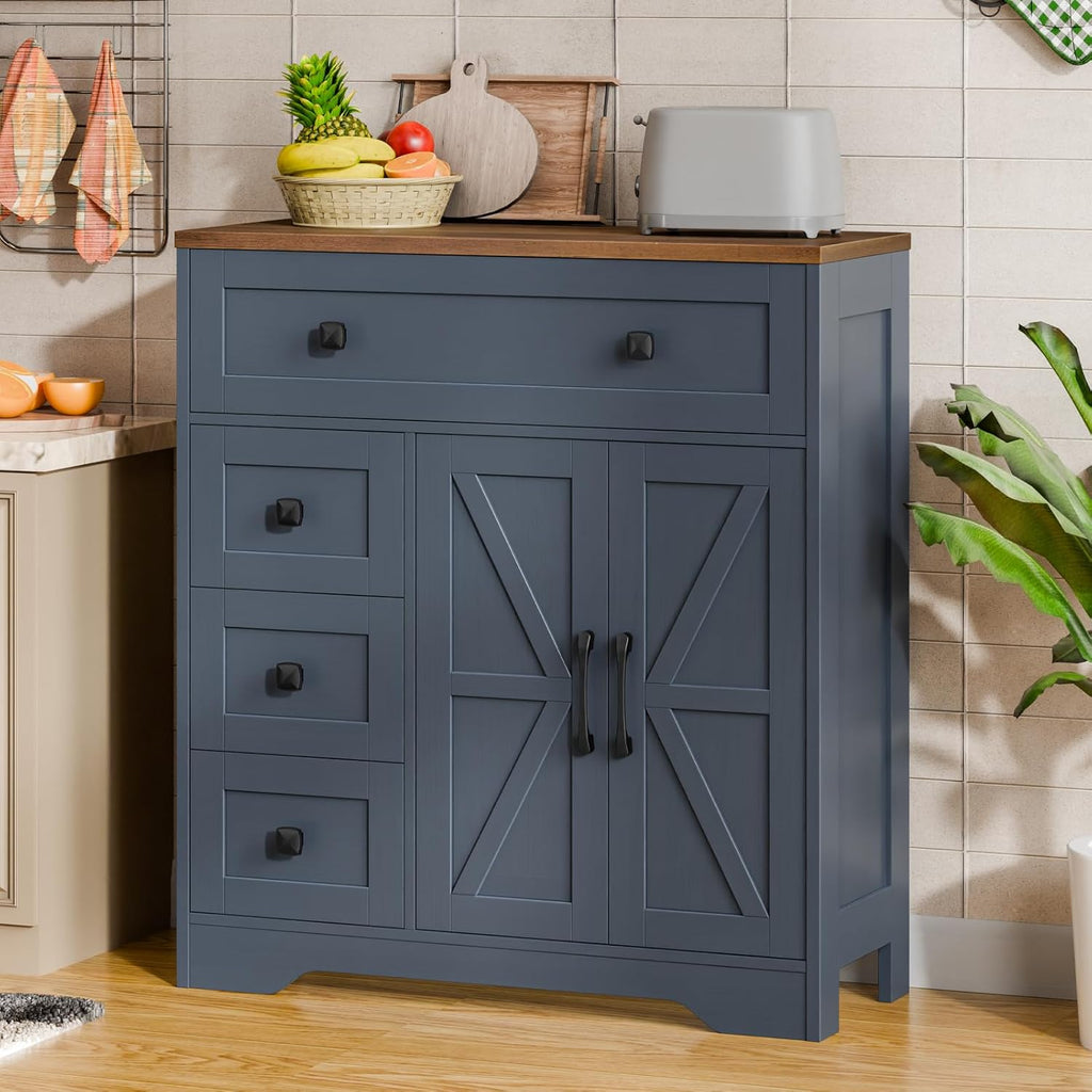 Vabches Farmhouse Storage Cabinet with 2 Doors and 4 Drawers, Freestanding Bathroom Storage Cabinet Kitchen Pantry, Floor Hutch Cupboard for Living Room/Bathroom/Kitchen,Blue