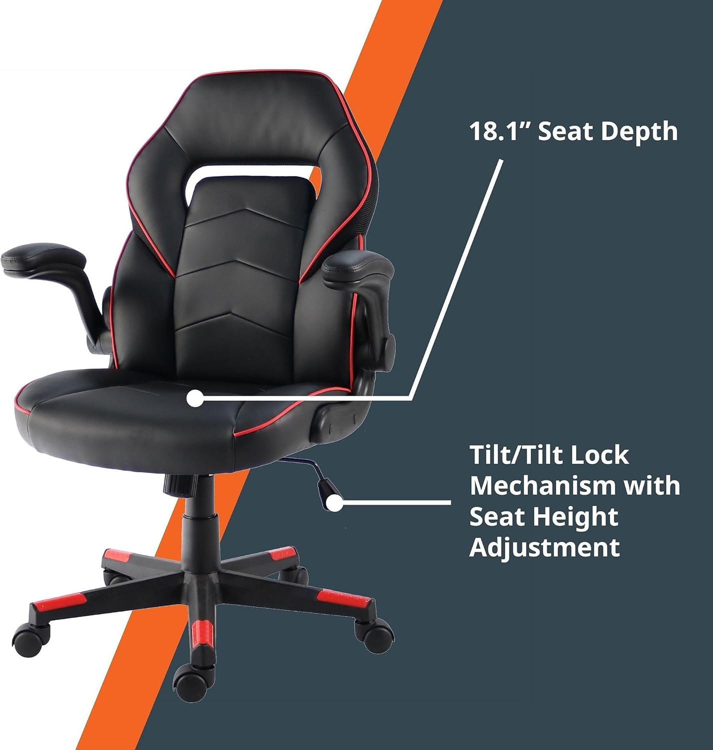 NuSparc SpawnSafe Gaming Chair, Adjustable Height, Flip-up Armrests, 360° Swivel, Black/Red