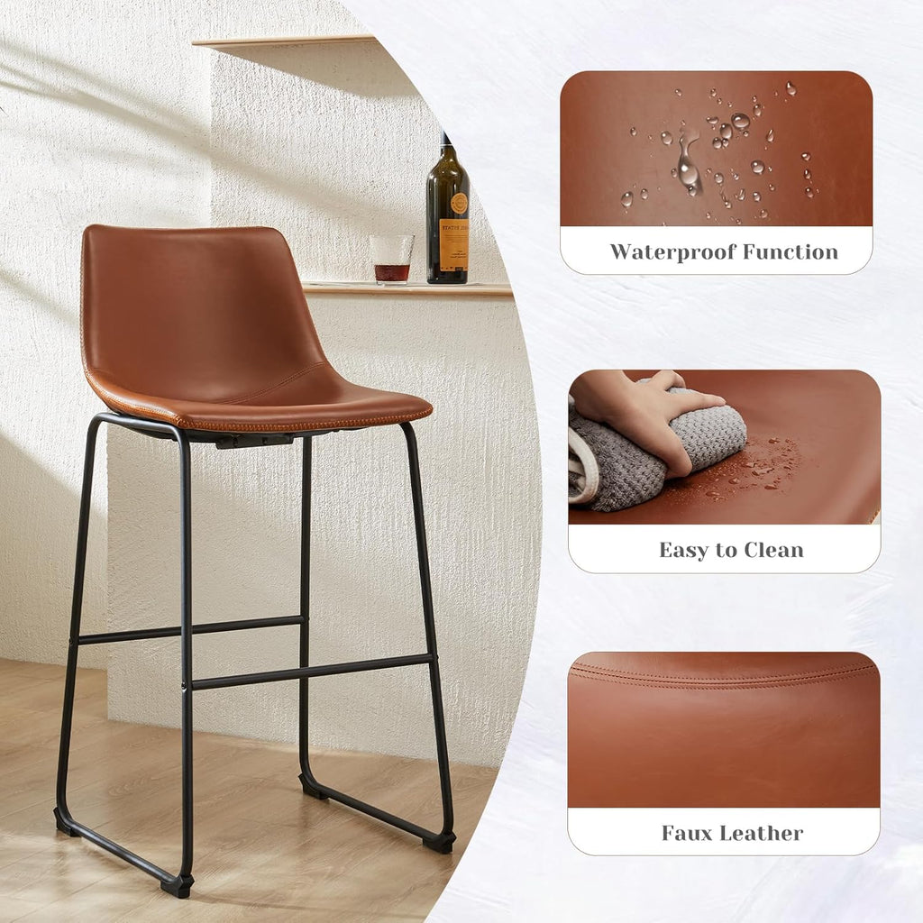 Sweetcrispy Counter Height Bar Stools Set of 4, 30 inch Height Stool Faux Leather Barstools with Back, Armless Kitchen Island Countertop Comfortable Modern Chairs with Metal Legs - Brown