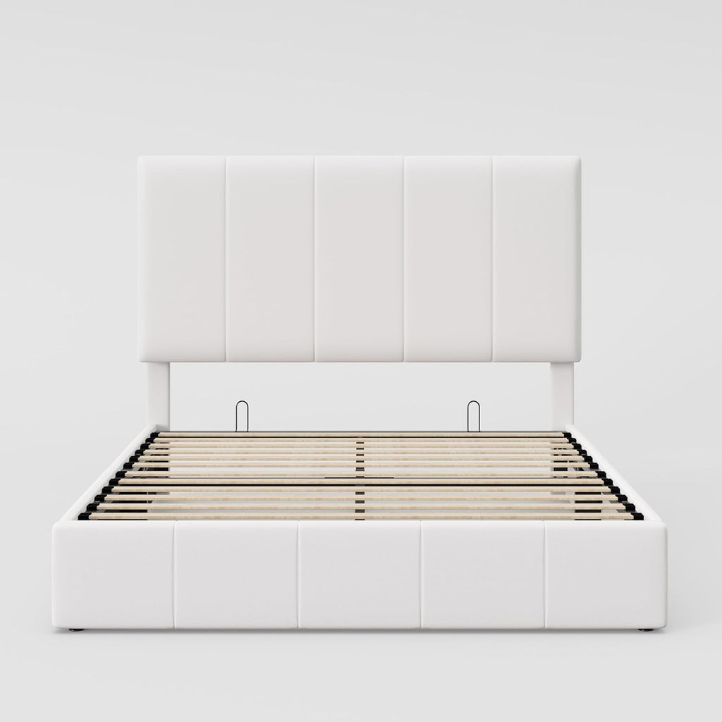 Allewie Queen Size Velvet Lift Up Storage Bed Frame, Vertical Channel Tufted Headboard, Hydrualic Underneath Storage, Upholstered Platform Bed, Wooden Slats Support, No Box Spring Needed, White