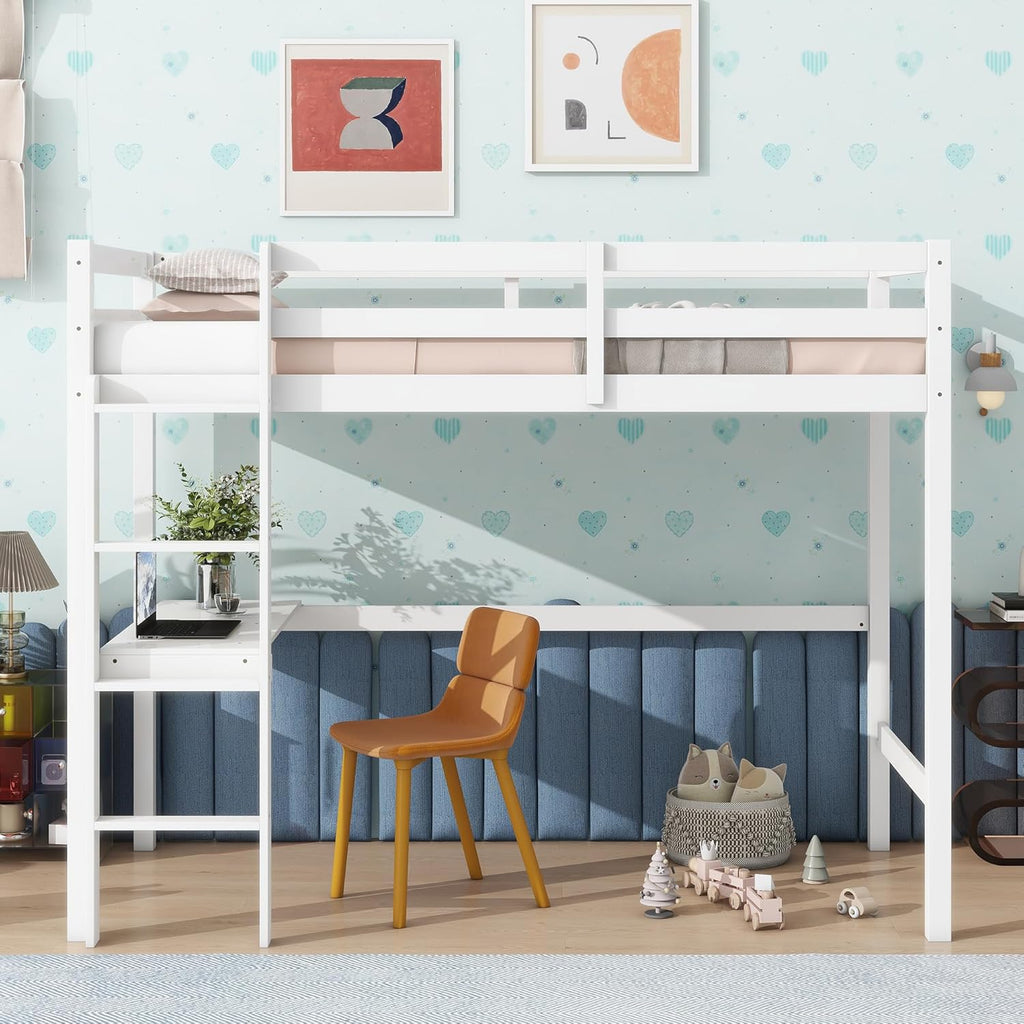 Twin Loft Bed with Desk, Wood Bed Twin Size with Ladder and Safety Guardrail, Space-Saving High Loft Bed for Kids, Adults, No Box Spring Needed, White