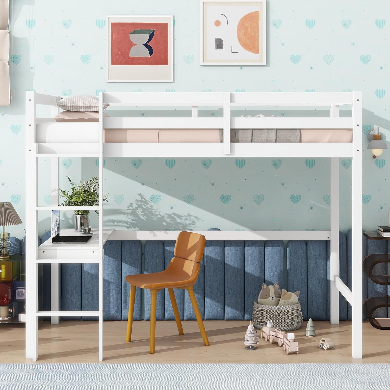 Twin Loft Bed with Desk, Wood Bed Twin Size with Ladder and Safety Guardrail, Space-Saving High Loft Bed for Kids, Adults, No Box Spring Needed, White