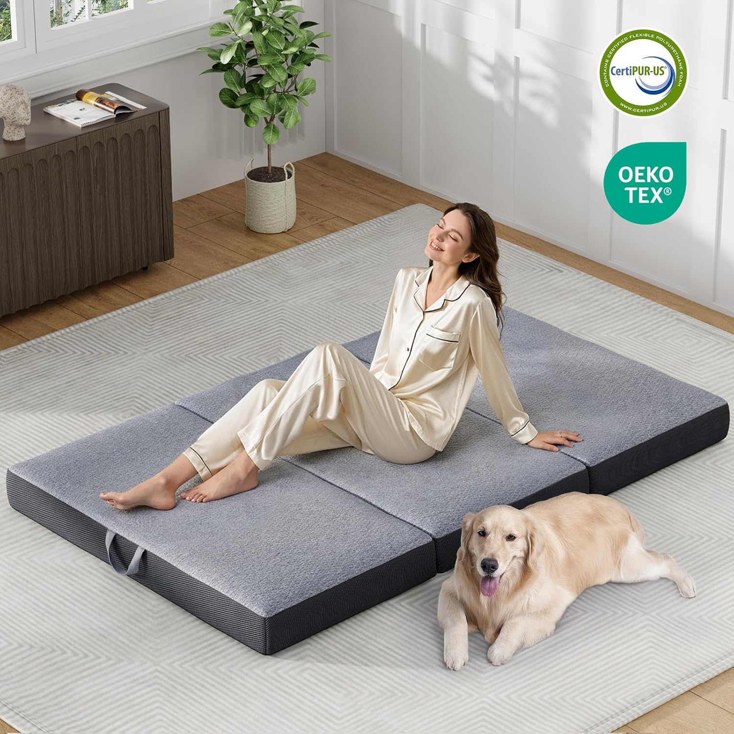 Trifold Mattress Queen Size 6 Inch - Foldable Memory Foam Mattress for Camping, Travel, RV, Guest Bed & Yoga - No Slip Bottom, Washable Cover with Handles - Portable Folding Floor Cushion 78"x58"x6"