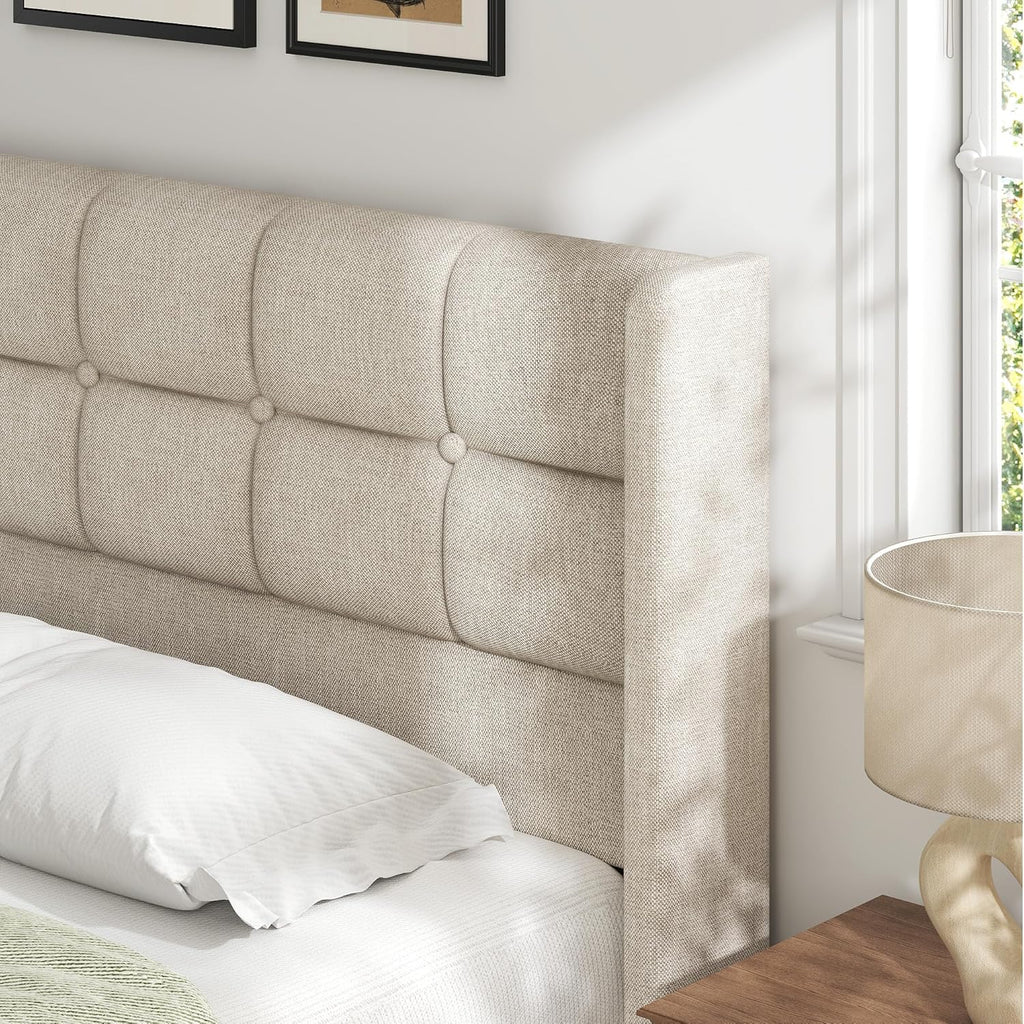 Lifezone King Lift Up Storage Bed Frame, Linen Upholstered Platform with Button Tufted Wingback Headboard, Under-Bed Storage, Hydraulic Support, No Box Spring Needed, Shipped in 2 Boxes, Light Beige
