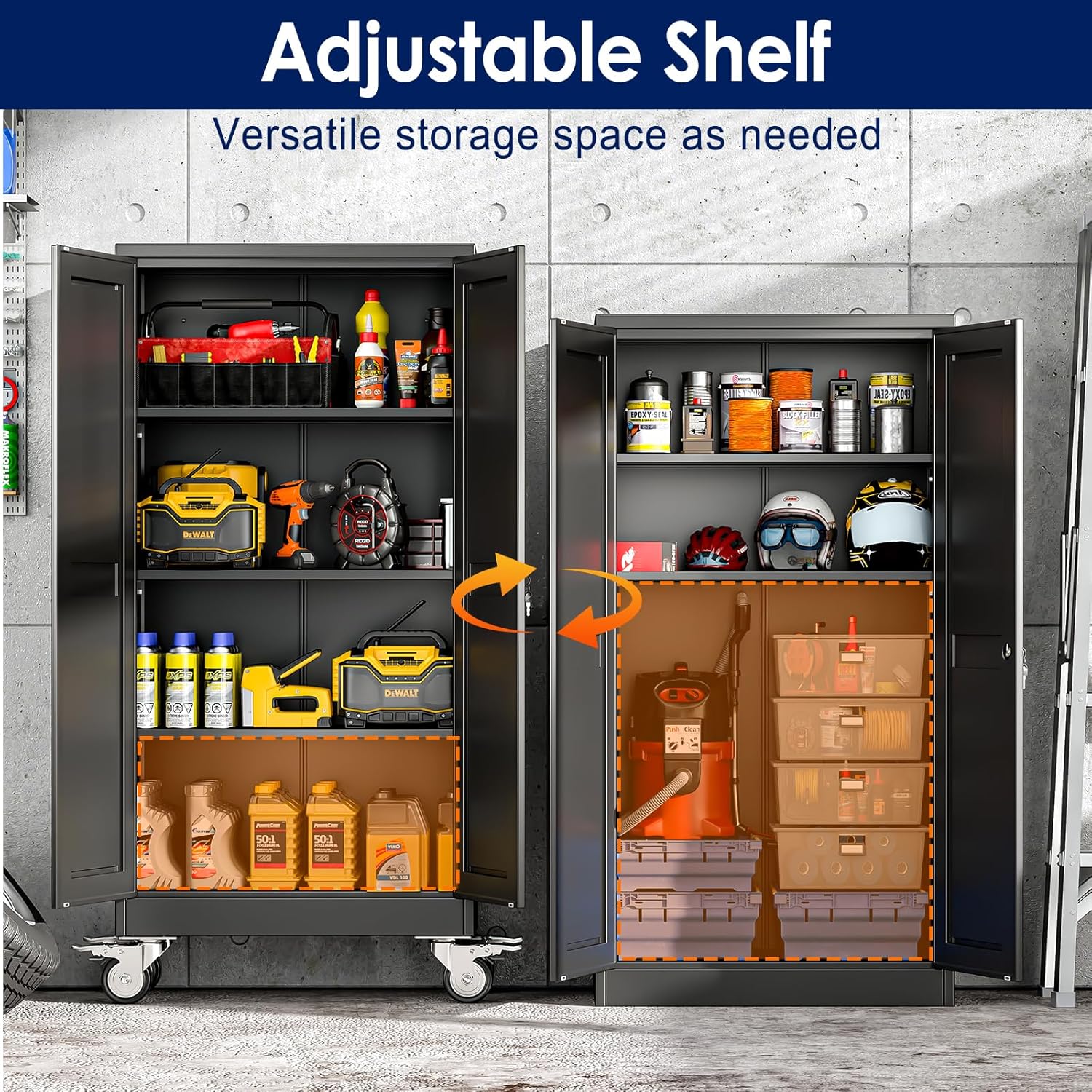 erosoei 61" H Metal Garage Storage Cabinet, Rolling Tool Cabinet with 2 Doors and Wheels, Locker Steel Cabinet with 3 Adjustable Shelves, Organization Cabinet for Garage,Office,Home,Gym,School（Black）
