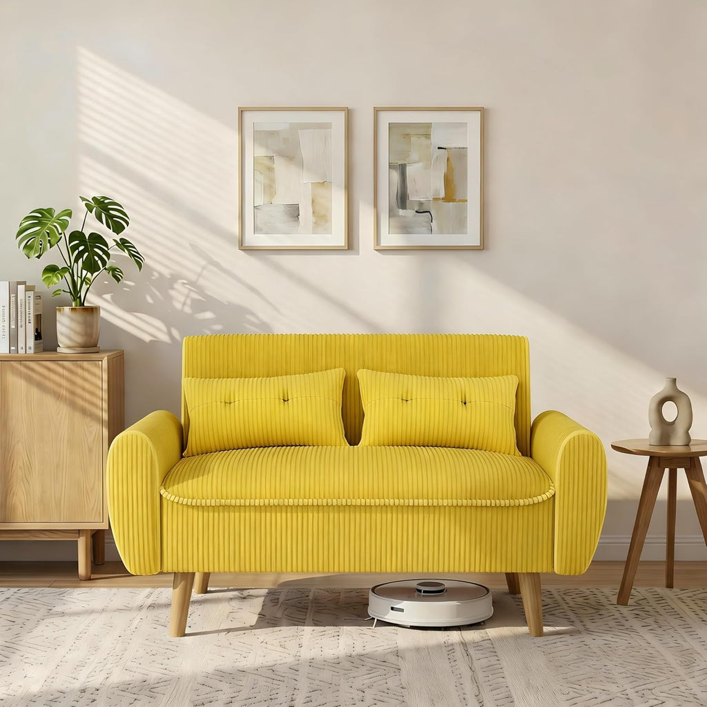 Shintenchi 47" Small Modern Loveseat Couch Sofa, Fabric Upholstered 2-Seat Sofa, Love Seat Furniture with 2 Pillows, Wood Leg for Small Space, Living Room, Bedroom, Apartment, Yellow