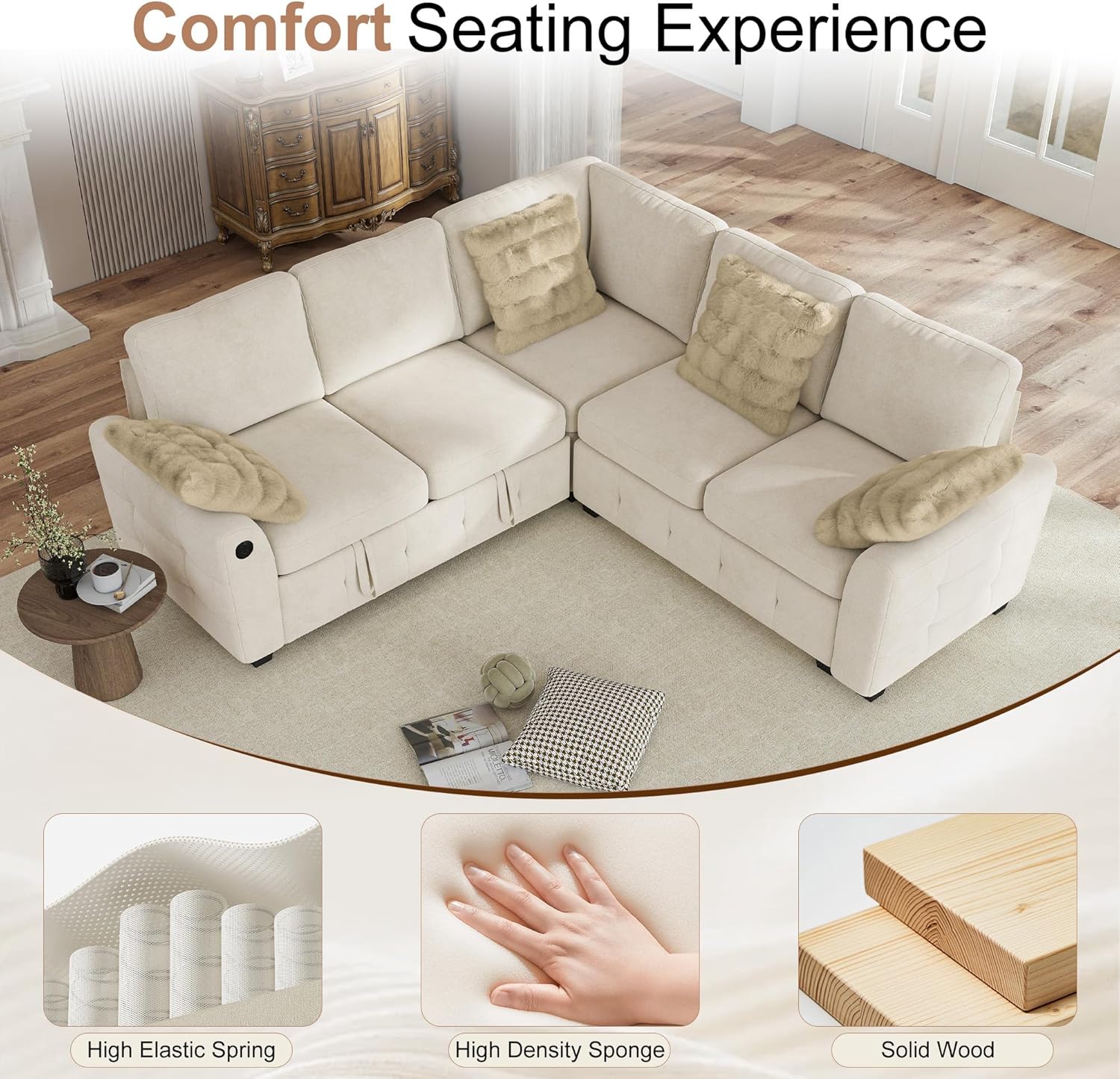 Hanherry Sectional Couch with Pull Out Sofa Bed,Chenille Sleeper Sofa with 2 Seat Storage & USB Charging,Comfy L Shaped Modular Couches for Living Room,Apartment
