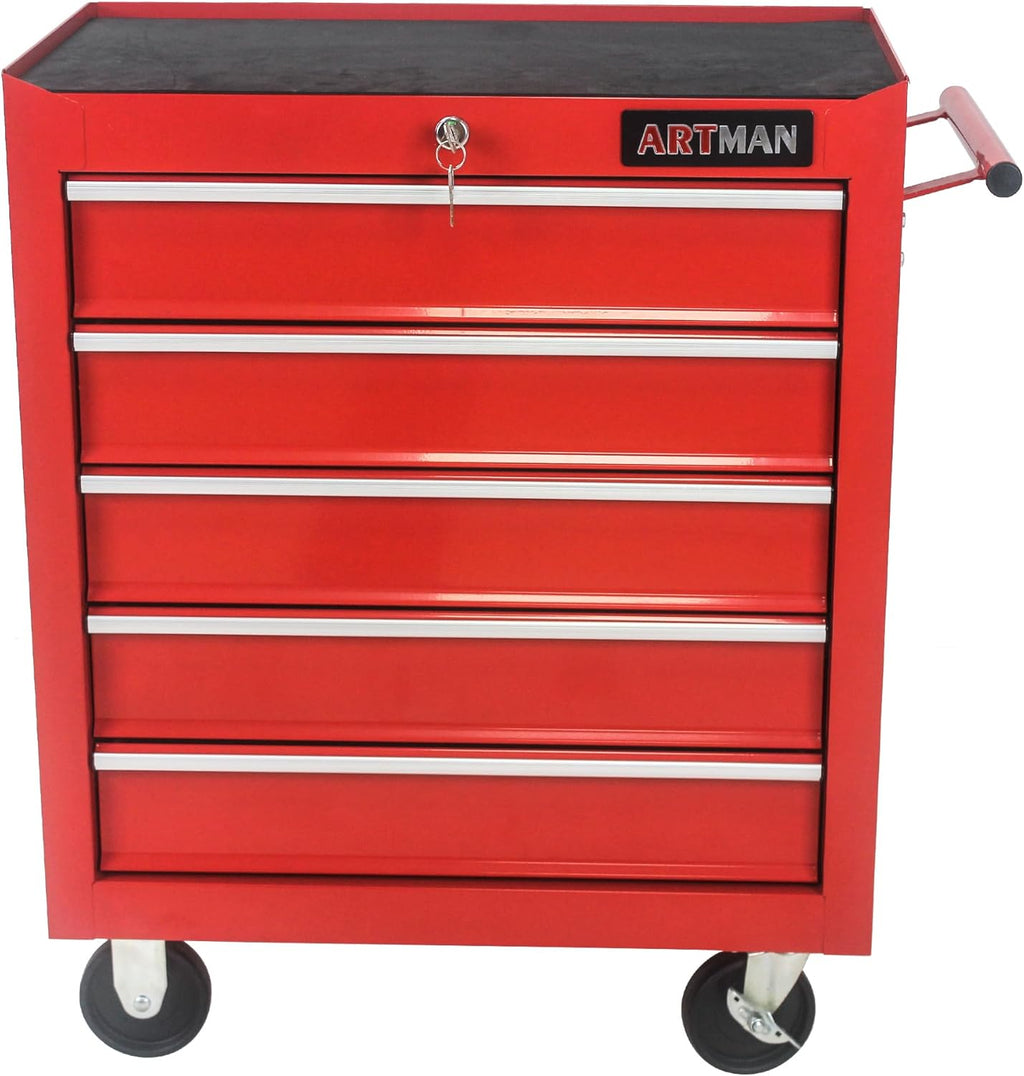 5-Drawer Tool Cart on Wheels, Drawers Rolling Tool Chest with Key Lock, Mobile Trolley Organizer Tools Box with Locking Wheels & Ball Bearing Drawers for Garage,Warehouse,Repair Shop (Red)