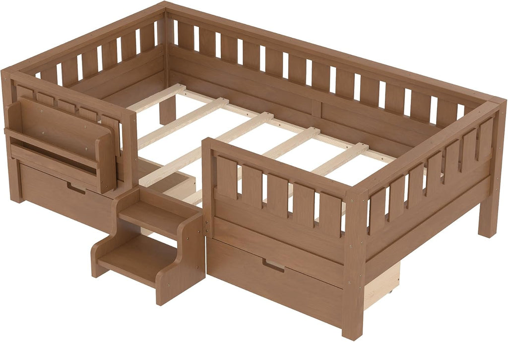 Bellemave Twin Bed with Storage Drawers & Bookshelf, Low Profile Kids Bed Frame with Staircase & Full Length Guardrails, Solid Wood Twin Bed for Kids with Slats Load 300LBS, Easy Assembly, Oak Brown