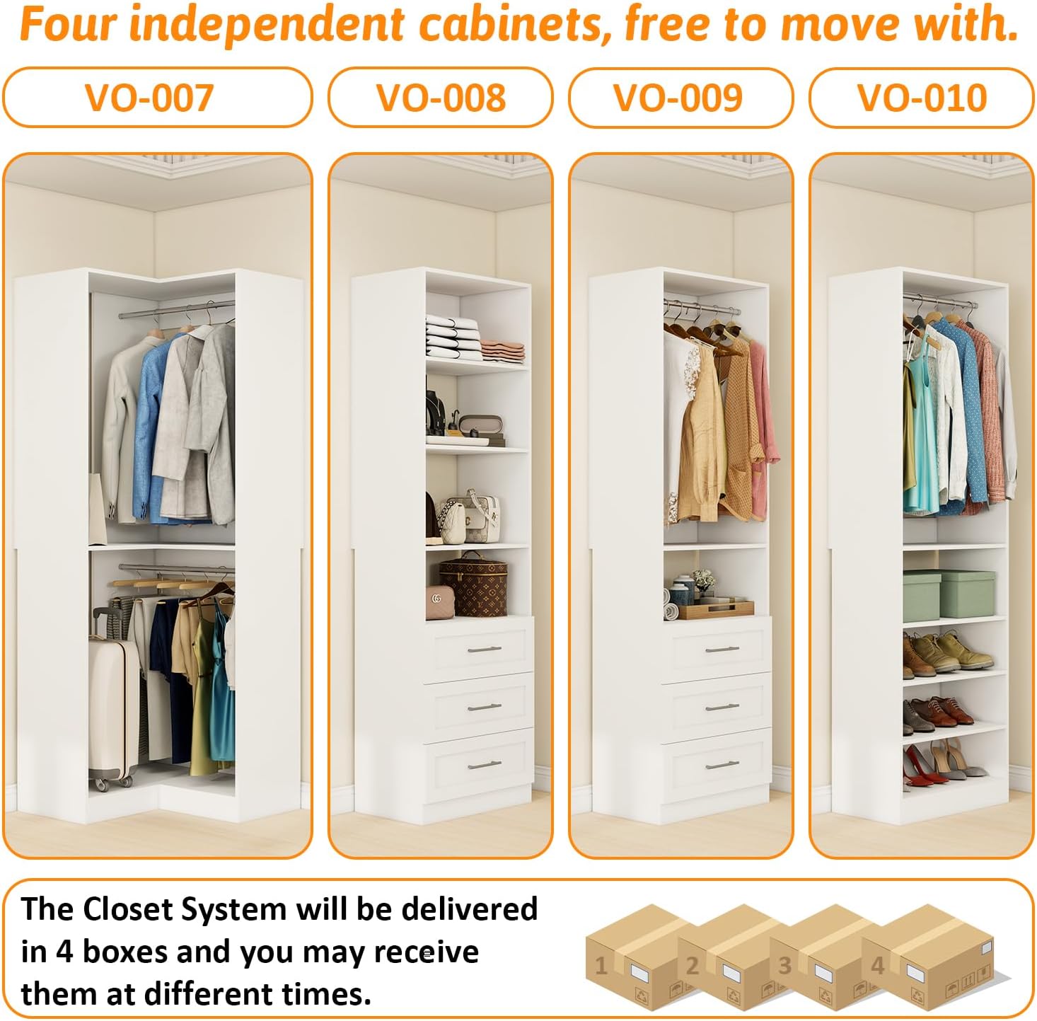 Closet System with 4 sets, 101.9" Closet Organizer Systems with 6 Drawers & 8 Hanging Rods & Adjustable Shelves, Walk in Closet Standing Closet System, Corner Closet System Set, White