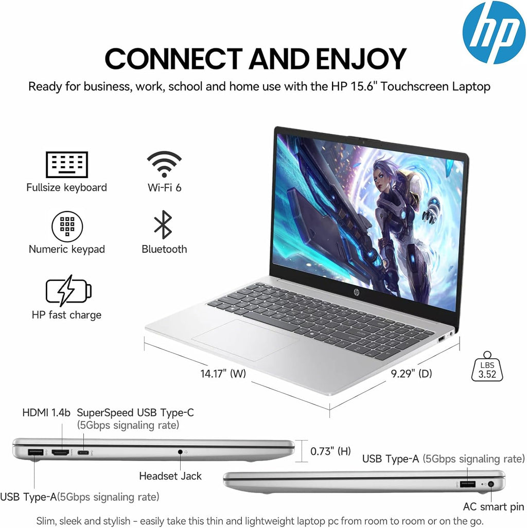 HP 15 Inch Touchscreen Laptop Computer  15.6" FHD IPS Touch Screen Students&Business Laptop  13th Gen Intel 10-Core i5 (> i7-1255U)  Windows 11 Pro  Copilot Key  Number Pad  Silver|8GB RAM 512GB SSD