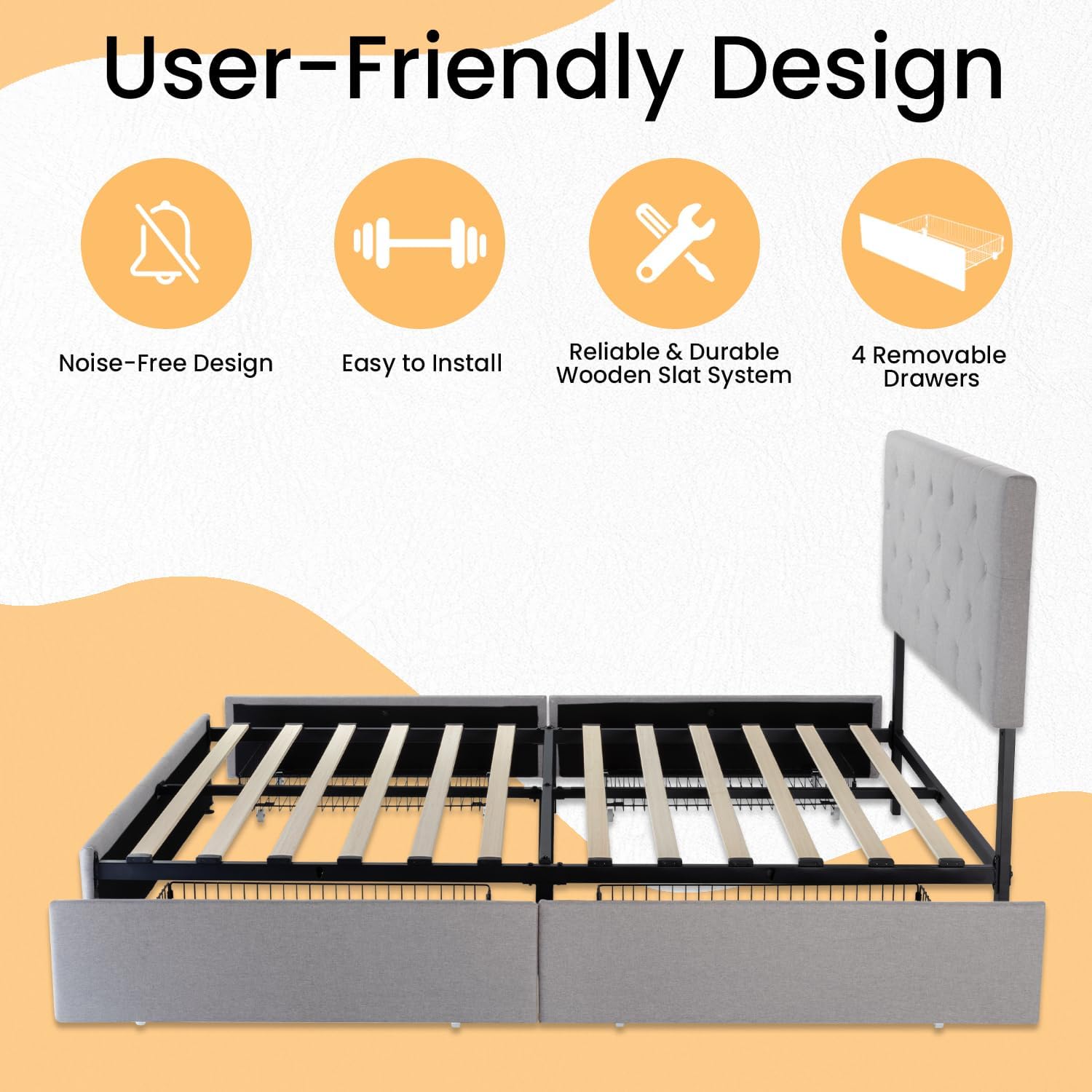 SHA CERLIN Upholstered King Size Platform Bed Frame with 4 Storage Drawers, Adjustable Headboard with Diamond Stitched Button Tufted Design, Wooden Slat Support, No Box Spring Needed, Light Grey