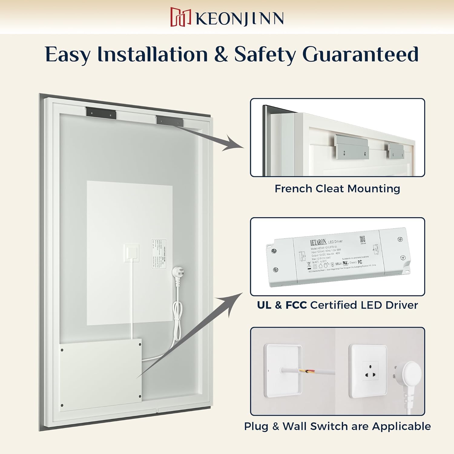 Keonjinn 60" x 36: Lighted Bathroom Mirror, Large LED Backlit Miroor, 3 Colors Lights Warm/Natural/White, HD Tempered Glass, Safe Anti-Fog, Dimmable, Oversinzed LED Bathroom Mirrors