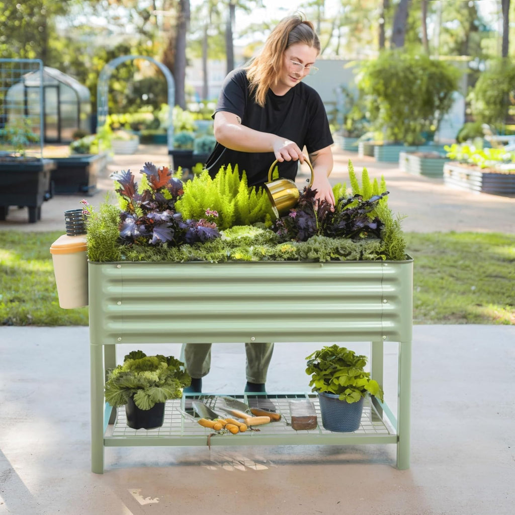 Elevated Raised Garden Bed-V Series  2' x 4' Garden Beds with Legs & Storage Rack for Patio Porch  700 Lbs Weight Capacity  Outdoor Planter Boxes for Gardening Herbs Vegetables Flowers  Olive Green
