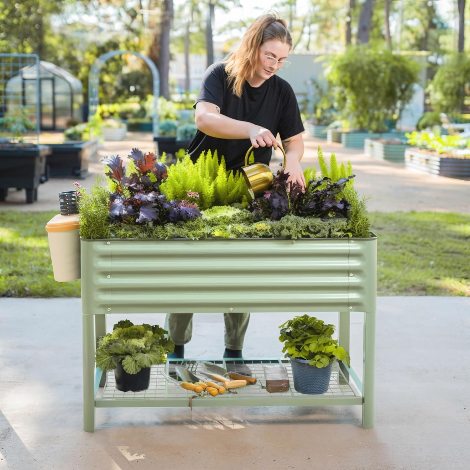 Elevated Raised Garden Bed-V Series  2' x 4' Garden Beds with Legs & Storage Rack for Patio Porch  700 Lbs Weight Capacity  Outdoor Planter Boxes for Gardening Herbs Vegetables Flowers  Olive Green