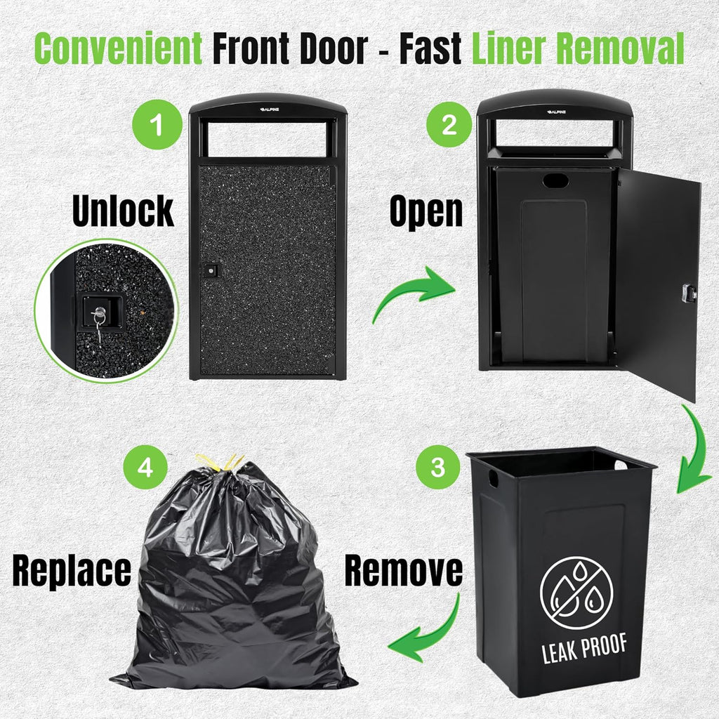 Alpine Outdoor Commercial Trash Can with Lid - 55 Gallon Heavy Duty Steel Garbage Can with Removable Bin, Locking Door for a Modern Look in Park, Mall & High Traffic Areas - Black, Grey Stone Panels
