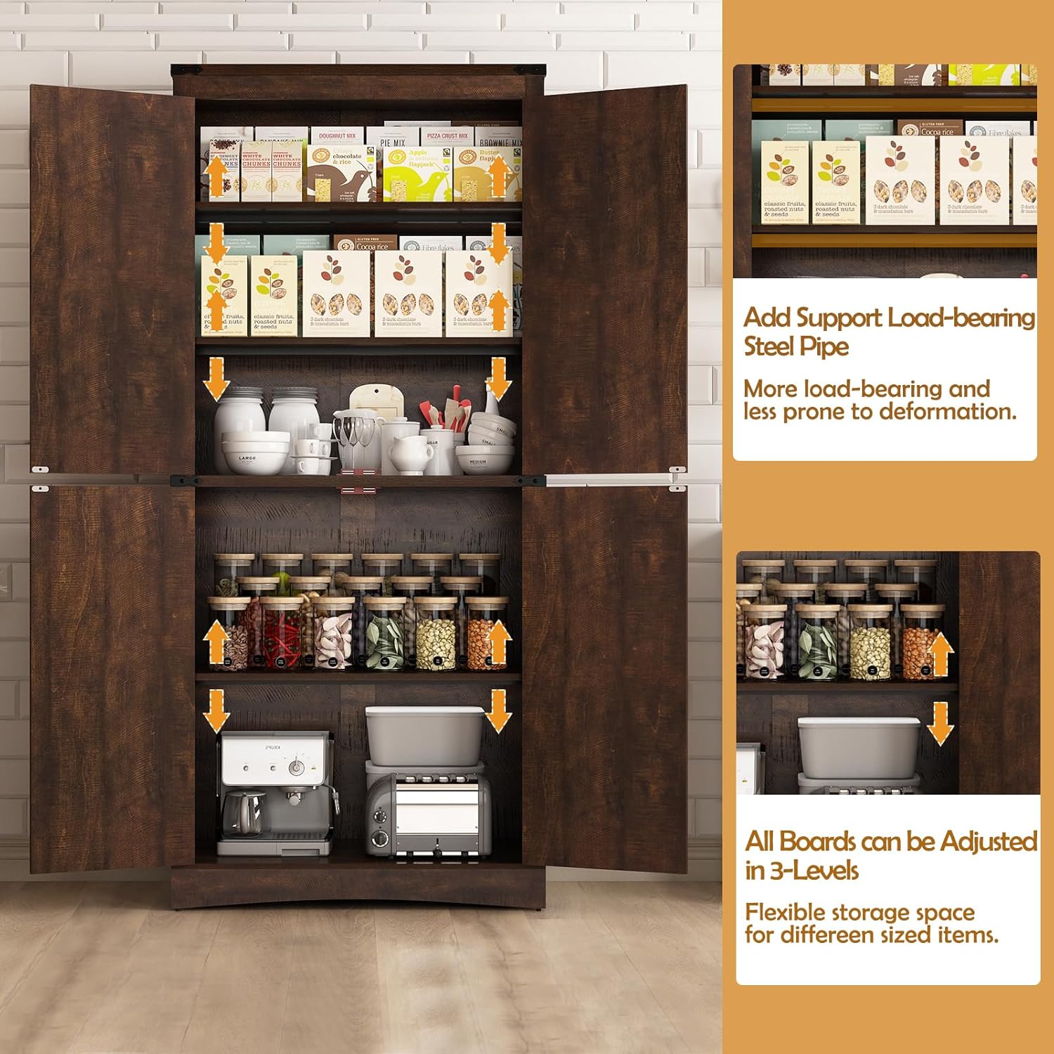 71" Tall Kitchen Pantry,Farmhouse Storage Cabinet with Adjustable Shelves,Load-Bearing Steel Pipe,Farmhouse Pantry Cabinet with 4 Barn Doors, for Kitchen,Dining Room,Living Room(Brown)