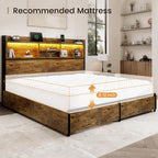 King Storage Bed Frame with 6 Drawers, USB Charging Station, No Noise, No Box Spring Required, Vintage Brown Headboard Platform Bed
