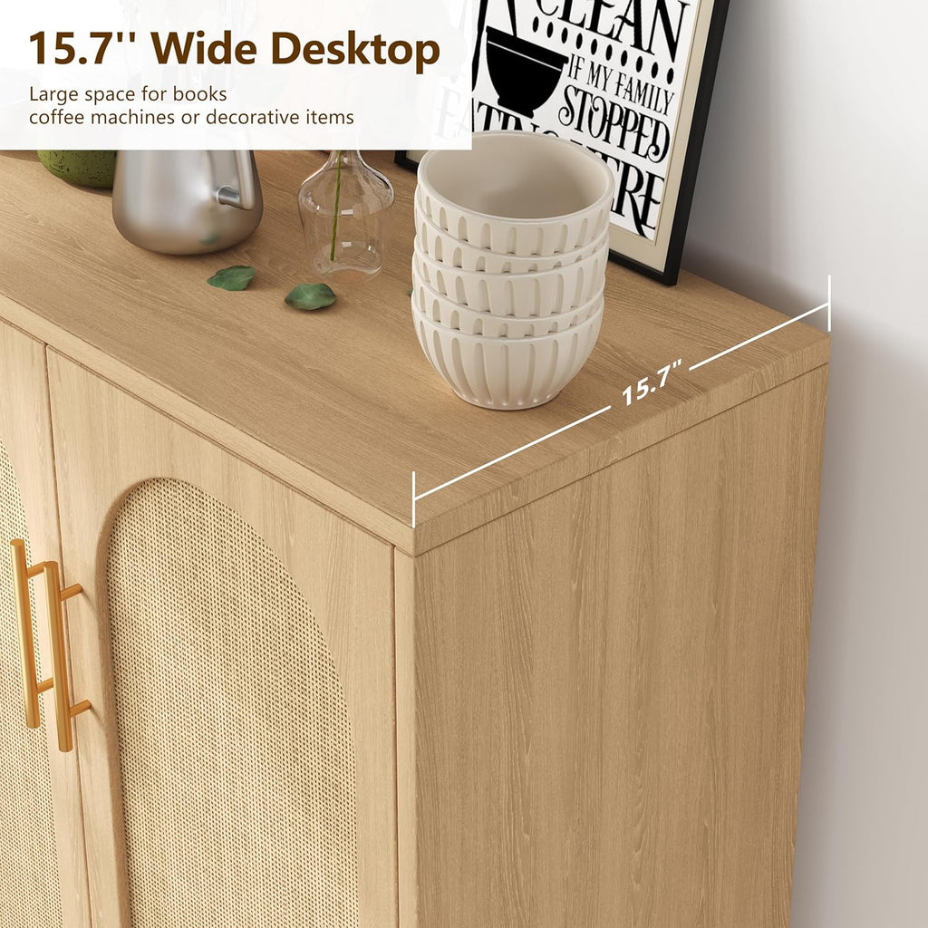 Keehusux Rattan Buffet Cabinet with Storage, Boho Buffet Table with Adjustable Shelf and Solid Wood Legs, Accent Sideboard with Doors, Floor Cabinet for Kitchen, Dining Room and Living Room, Natural