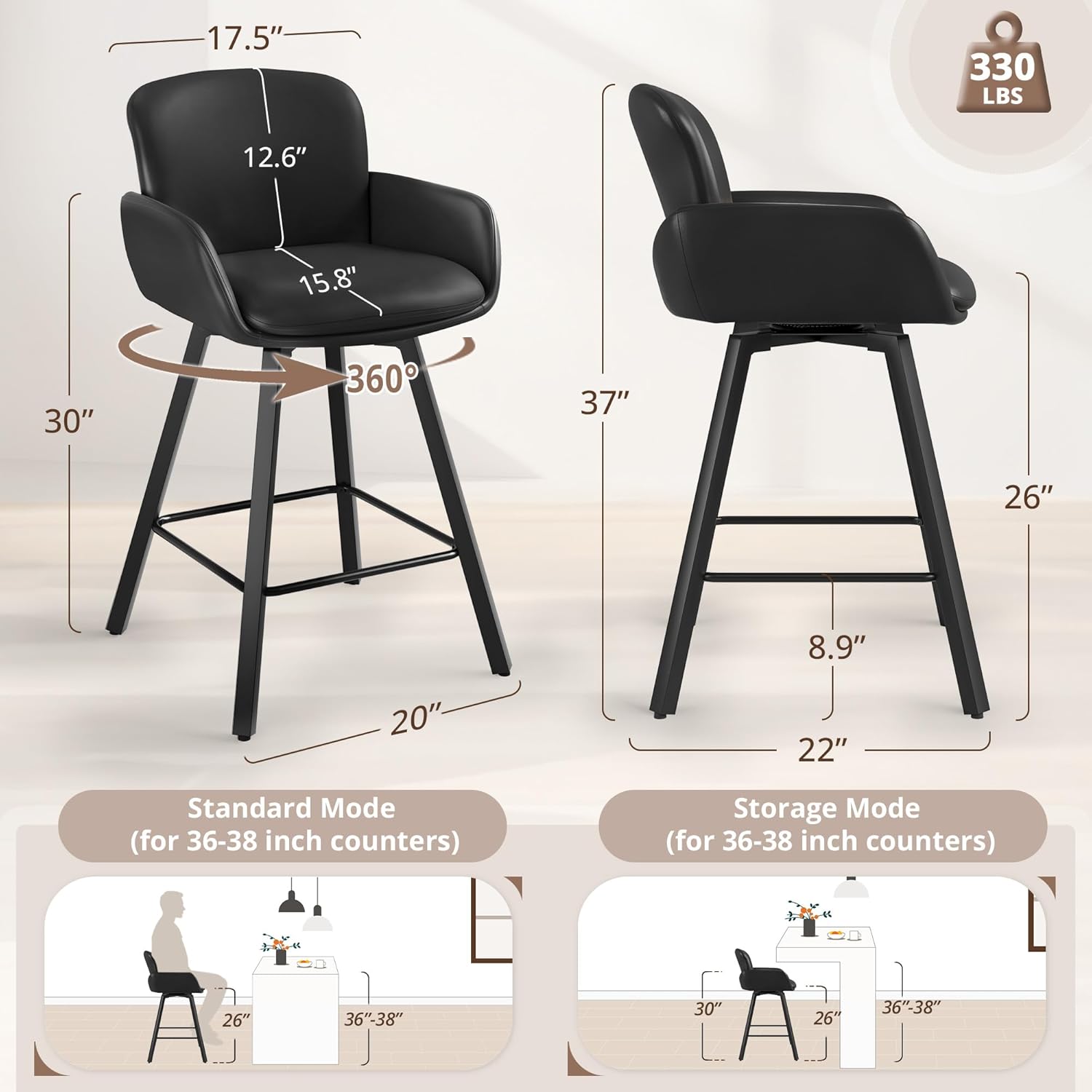 LUE BONA 26" Swivel Bar Stools Set of 3, Counter Height Bar Stools with Backrest and Arms, Modern Upholstered Barstools with Metal Legs for Kitchen Island, Black