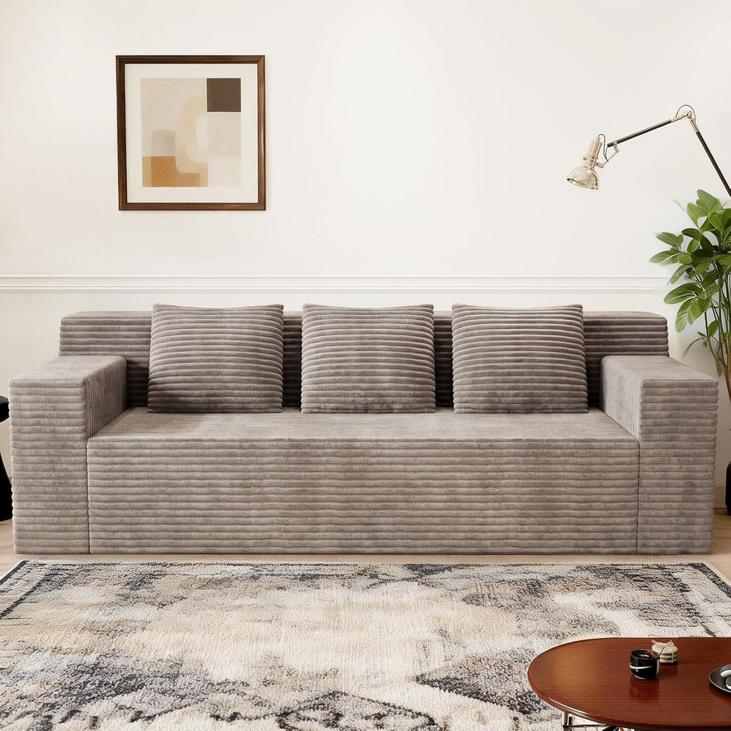 Kurhwyss 71" Corduroy Living Room Sofa, 3 Setaser Deep Seat Couch with 3 Lumbar Pillows, Comfy Boneless Sofa Modern Compressed Couch for Bedroom, Office, Apartment, No Assembly, Flat Armrests (Camel)