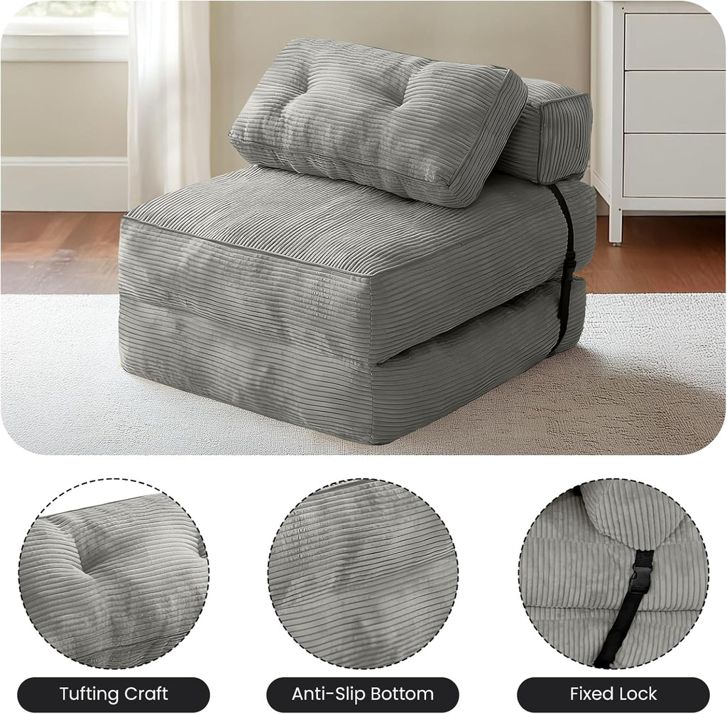 tantohom Folding Sofa Bed, Convertible Sleeper Chair with Pillow Foldable Mattress with Back Support,Space-Saving Sofa for Living Room,Bedroom (Gray)