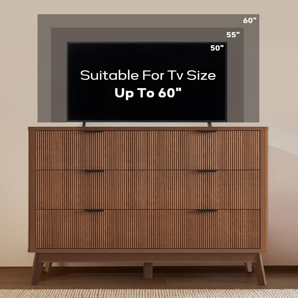 Fluted Dresser for Bedroom,49.6'' Modern Wooden Walnut Dresser with 6 Drawers, Bedroom Dressers, Natural Wood Chest of Drawers for Living Room, Hallway (Walnut)
