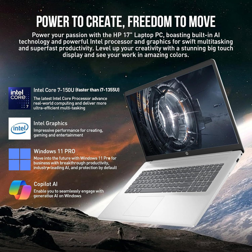 HP 2026 Powerbook 17 Inch Laptop Computer  17.3" FHD IPS Business Laptop PC  Intel Core 7 (10-Cores  Beat 13th Gen Intel Core i7-1355U)  Windows 11 Pro  64GB RAM 2TB SSD | Number Pad|Wi-Fi 6|Silver