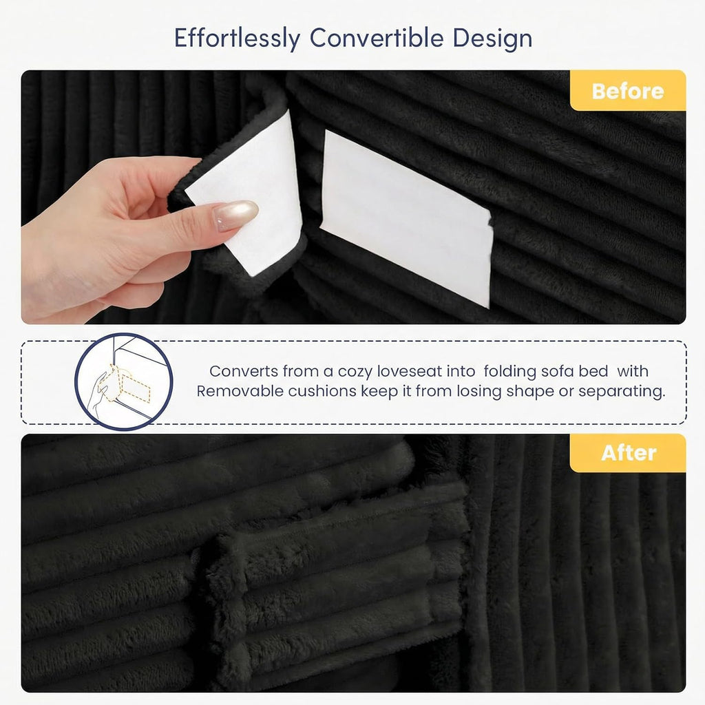 Boneless Couch Loveseat Sleeper, Convertible Sofa Bed Folding Couch Bed Foldable, 2 in 1 Boneless Chair Bed & Futon Sofa Bed, Small Pull Out Sofa with 4 Pillows for Living Room, Black | No Assembly, Convertible, 2 in 1, Pull Out Handle, 4 Pillows