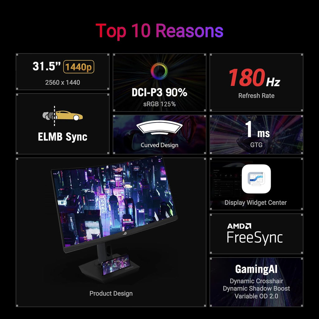 ASUS ROG Strix 32” 1440P USB-C Curved HDR Gaming Monitor (XG32WCS) - QHD  180Hz  1ms  Fast VA  Extreme Low Motion Blur Sync  FreeSync  DisplayWidget  Tripod Socket  AI Technology  3 yr Warranty