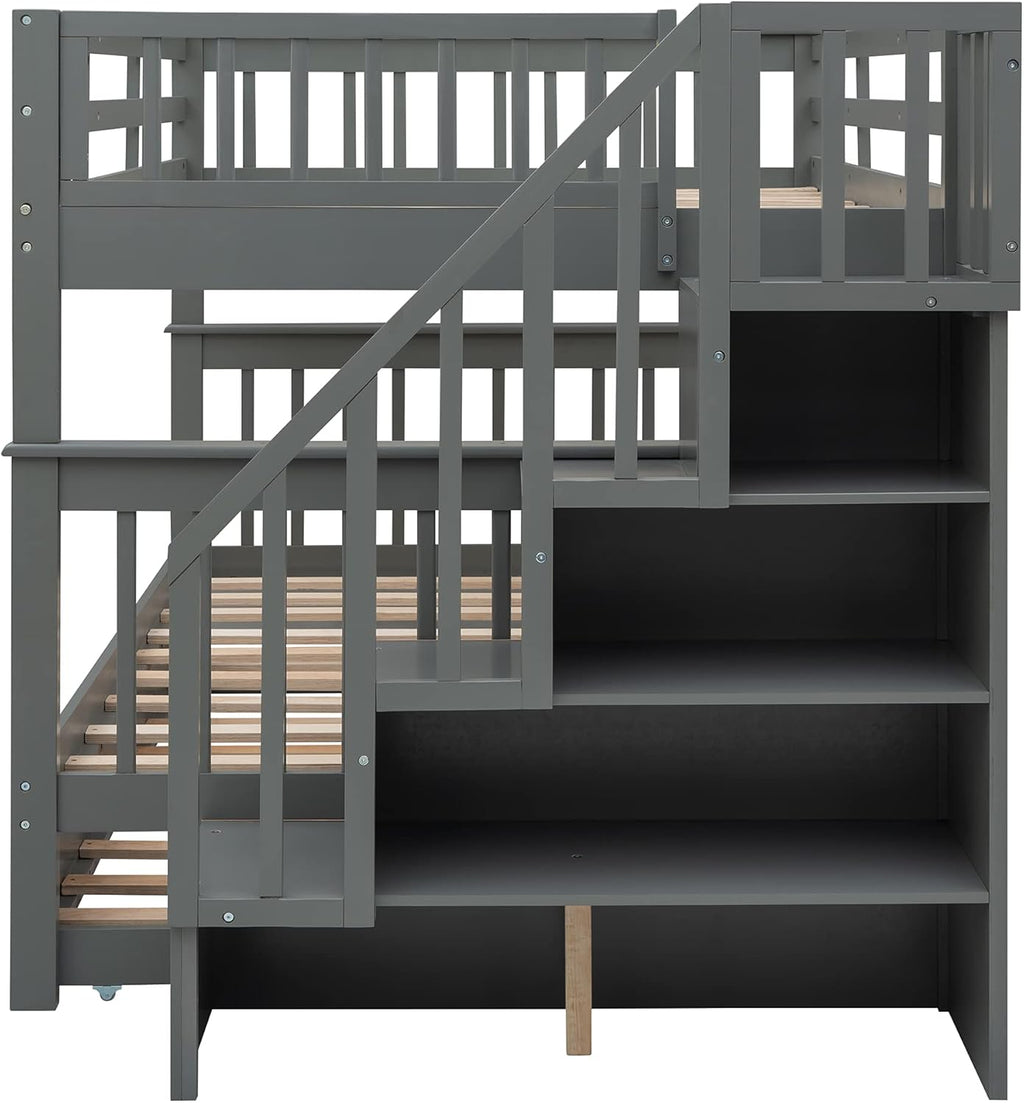 Bellemave Full Over Full Bunk Beds with Stairs and Trundle Wood Bunk Bed Frame with Staircase and Storage Shelves for Kids Teens Adult, Detachable Stairway Bunkbed for Boys Girls, Gray